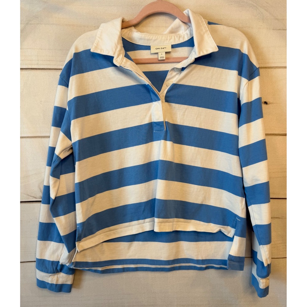 On-34th Womens Blue White Striped Long Sleeve Rugby Polo Shirt Large Cotton